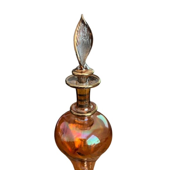 Amber Iridescent Perfume Bottle Gold Tone Trim Etched Flowers Delicate Dauber - Picture 6 of 6